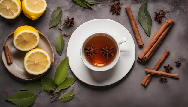 uma chávena de chá com um limão e uma chácara de chá com pauzinhos de canela