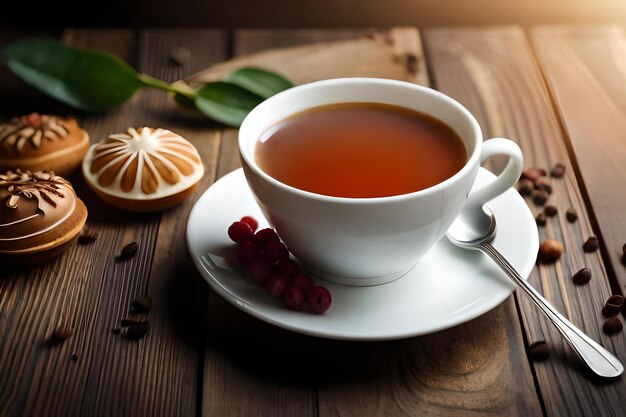 Uma chávena de chá com uma concha e uma concha em uma mesa de madeira