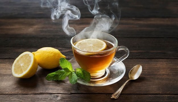 Foto uma chávena de chá com uma fatia de limão e uma colher em uma mesa de madeira