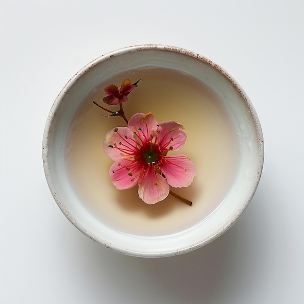 uma chávena de chá com uma flor de cereja no fundo branco