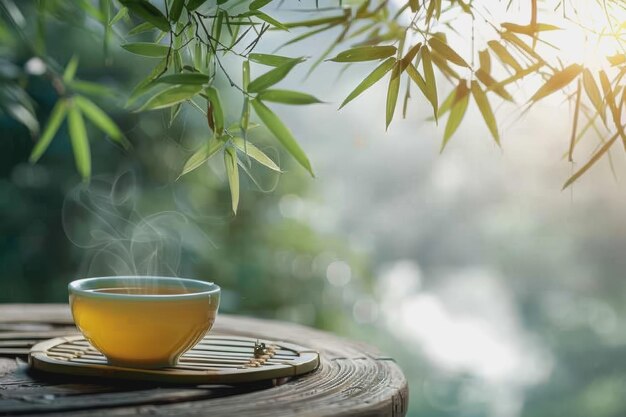 Uma chávena de chá de folha de bambu em uma mesa de madeira em um fundo de natureza um grande espaço de cópia