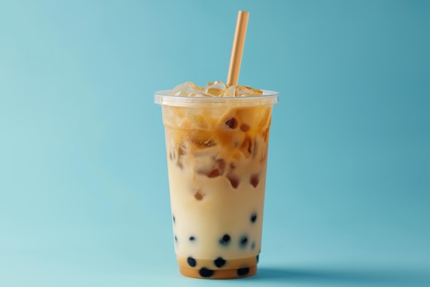 Uma chávena de chá de leite de bolha boba em fundo azul Banner para restaurante