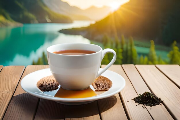 uma chávena de chá e biscoitos em uma mesa com um lago de montanha no fundo