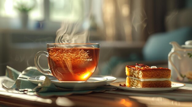 Foto uma chávena de chá e bolo em uma bandeja com uma chácara de chá