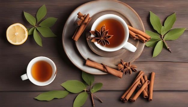 uma chávena de chá e canela em uma mesa de madeira