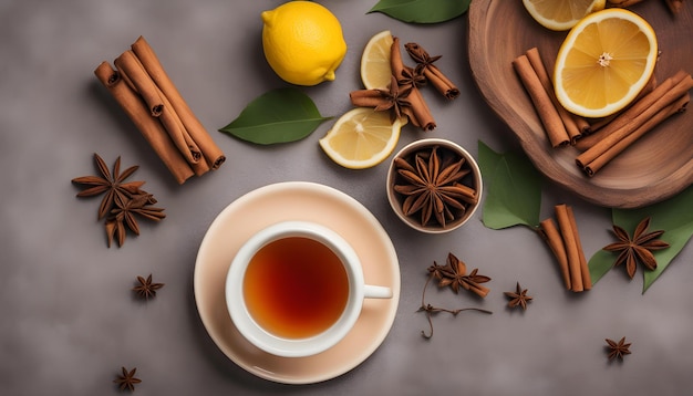 uma chávena de chá e limões estão em uma mesa com pauzinhos de canela e pauzinho de canela