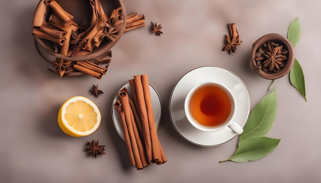 uma chávena de chá e palitos de canela com palitos de Canela em uma mesa