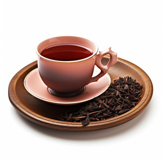 Uma chávena de chá está em um prato ao lado de uma pilha de chá preto