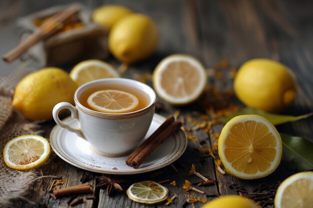 uma chávena de chá quente com limão e canela em uma mesa foto de estoque perfeita ar 32 estilizar 250 ID de trabalho 010