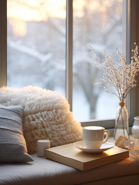 Uma chávena de chá quente e velas no peitoril da janela no inverno