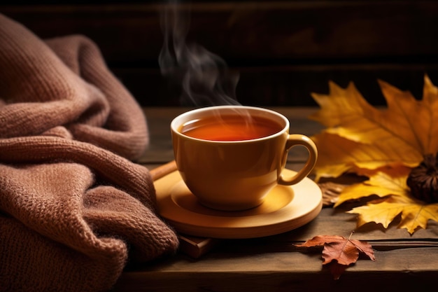 Uma chávena de chá quente folhas de outono e plaid quente