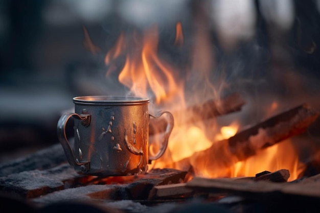 Uma chávena de chá quente no fogo na floresta conceito de acampamento