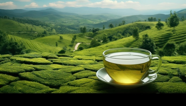 uma chávena de chá verde em uma vista de campo verde