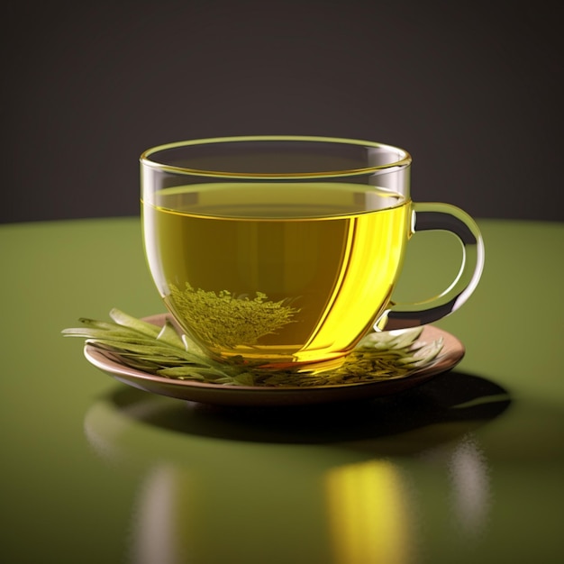 Uma chávena de chá verde fica em um prato com uma folha nele.
