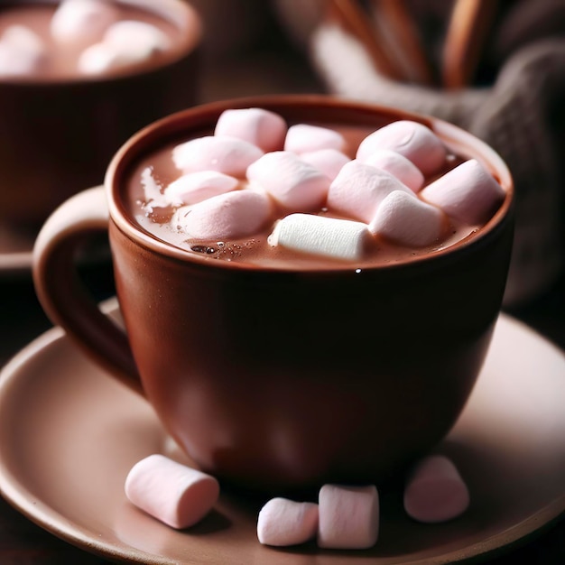 Uma chávena de chocolate quente com marshmallows