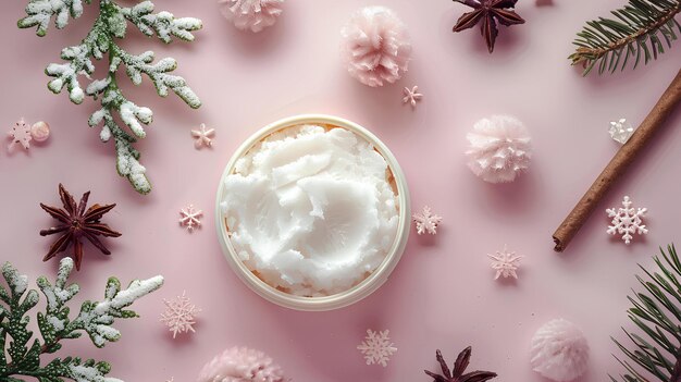 Uma chávena de creme batido cercada por decorações de Natal e pauzinhos de canela em uma superfície rosa