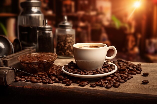 Uma chávena de expresso quente é colocada na mesa com uma dispersão de grãos de café de uma geração