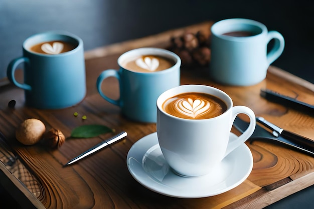 Uma chávena de latte está numa mesa ao lado de outras chávenas de café.