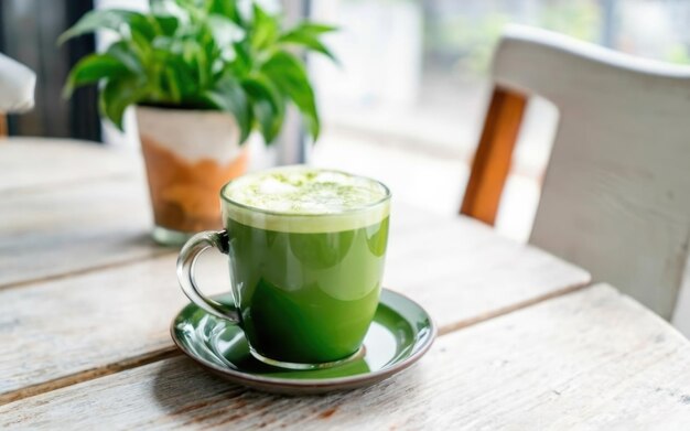 Uma chávena de matcha latte quente na mesa de madeira