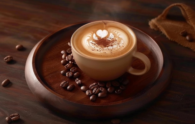 Uma chávena fumegante de café latte art descansando em uma superfície de madeira cercada por grãos de café e burlap evocando uma atmosfera aconchegante