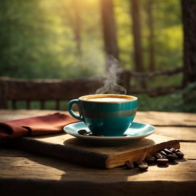 Uma chávena fumegante de café recém-fervido senta-se em uma mesa de madeira rústica