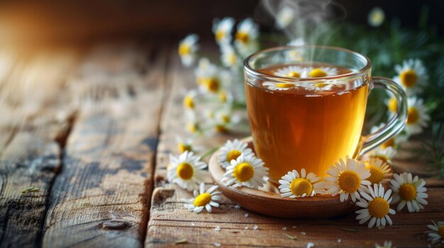 Uma chávena fumegante de chá de camomila aromático com mel e um pouco de flores secas de chamomila