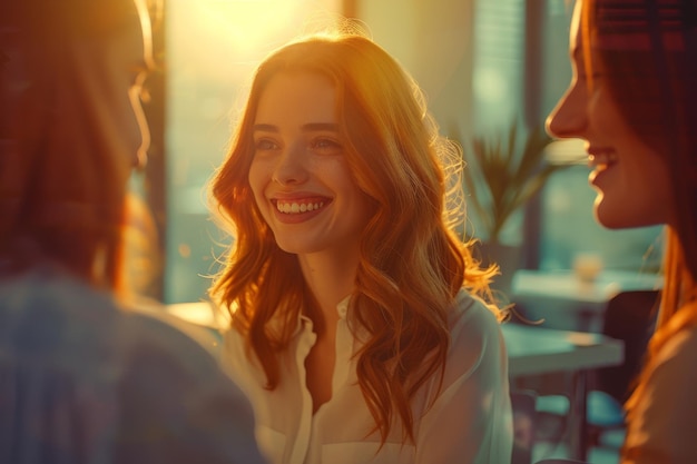 Uma chefe sorridente e uma subordinada envolvidas em uma discussão amigável em um escritório moderno banhado em suave