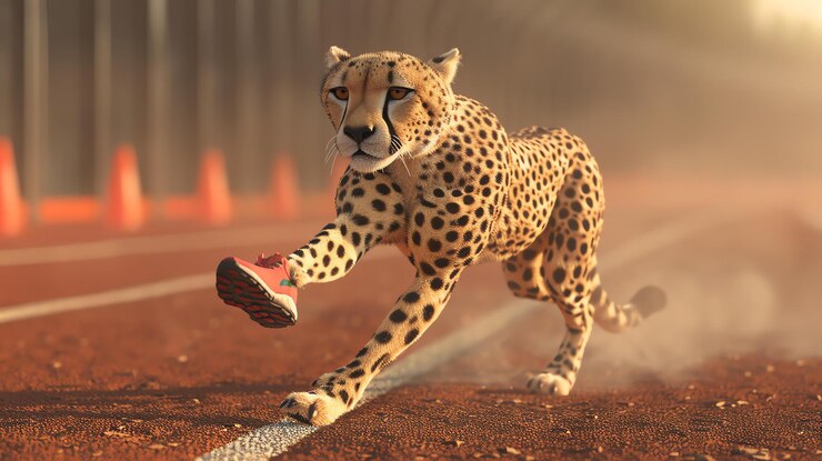 Foto uma chita é um animal que pode correr muito rápido está correndo em uma pista a chita está usando um sapato