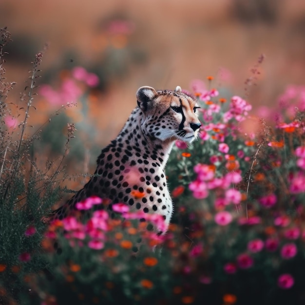 Uma chita sentada em um campo de flores Imagem generativa de IA