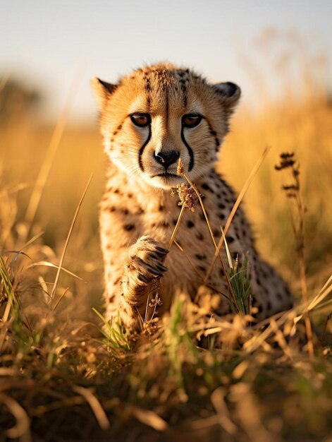 Foto uma chita sentada em um campo de grama alta