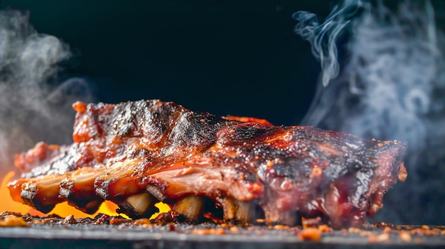 Uma churrasqueira com carne e fumaça saindo dela.