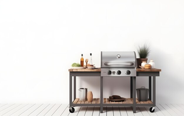 Uma churrasqueira em uma cozinha com uma mesa cheia de comida e uma planta na parede.