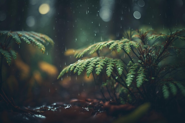 Uma chuva na floresta com uma samambaia em primeiro plano.