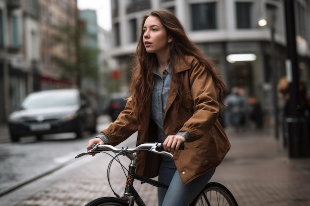 Uma ciclista usando sua bicicleta ao ar livre na cidade criada com IA generativa