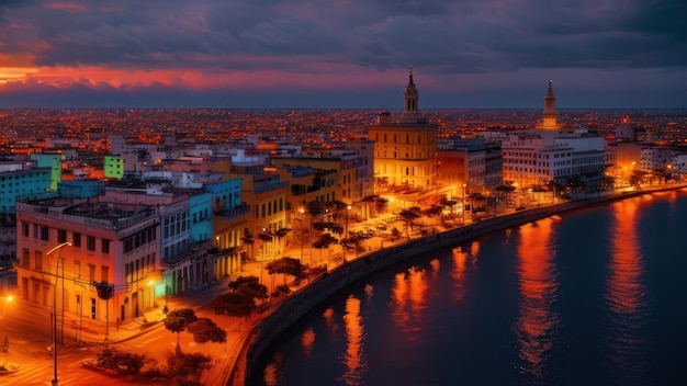 Uma cidade à noite com as luzes acesas