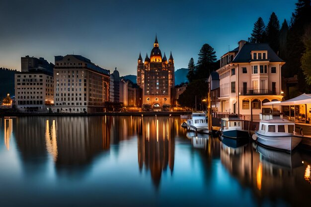 uma cidade à noite com barcos na água e um prédio ao fundo.