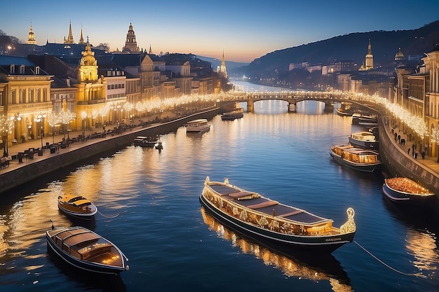 Foto uma cidade à noite com barcos na água