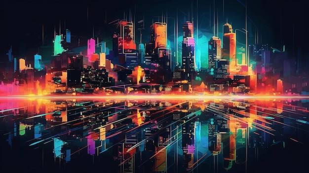 Uma cidade à noite com luzes de néon refletidas na água