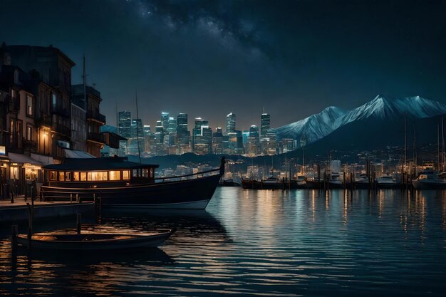 Uma cidade à noite com um barco e uma montanha ao fundo