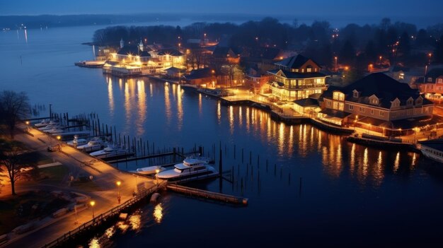 uma cidade à noite, com um barco em primeiro plano.