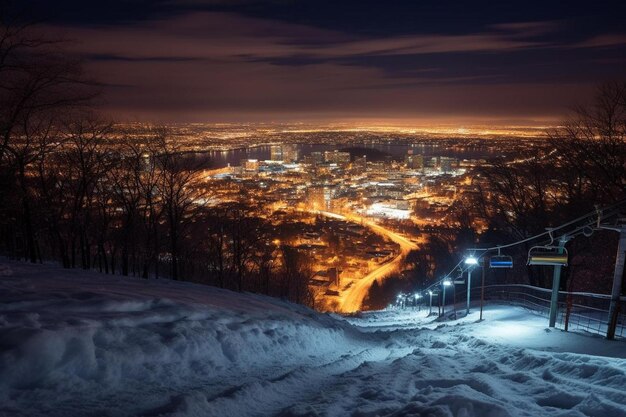 uma cidade à noite com uma cidade ao fundo