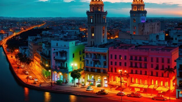 Uma cidade à noite com uma luz colorida no edifício