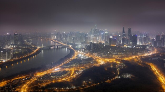 Foto uma cidade à noite com uma ponte ao fundo