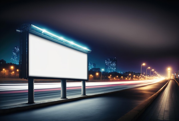 Uma cidade à noite, um outdoor branco em branco com trilhas leves