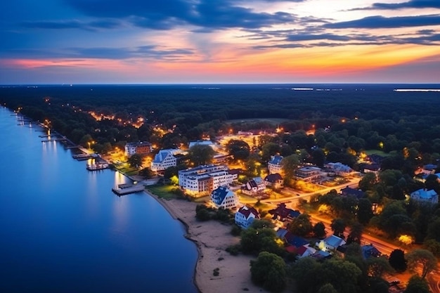 Foto uma cidade ao pôr-do-sol com o oceano ao fundo