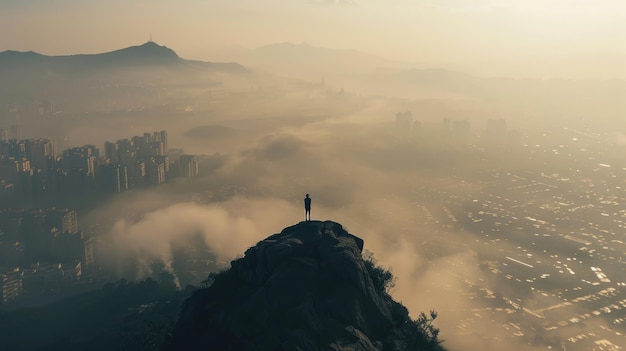Uma cidade coberta de smog com uma única pessoa de pé no topo de uma montanha olhando para baixo
