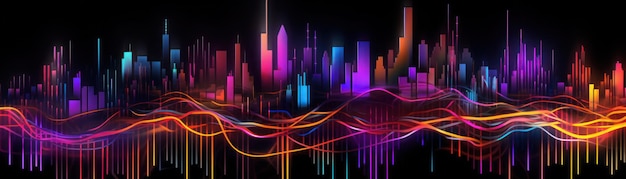 Uma cidade colorida com fundo preto e uma cidade neon ao fundo.