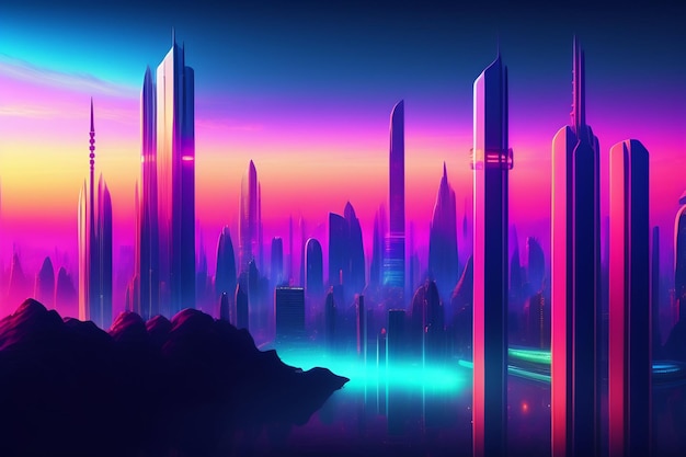 Uma cidade colorida com uma cidade neon ao fundo.