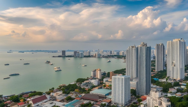 uma cidade com edifícios altos e uma cidade no fundo