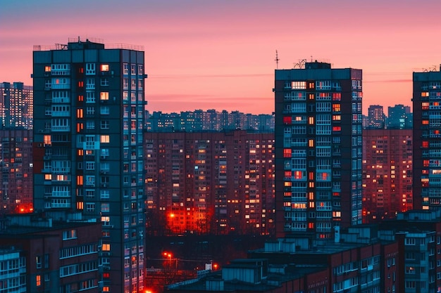 uma cidade com edifícios altos iluminados à noite